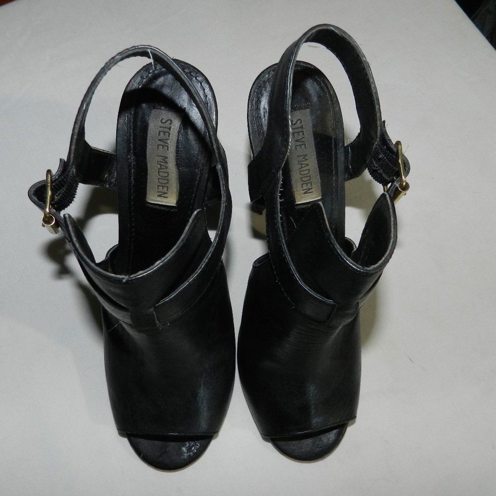 Steve Madden 4-inch chunky heeled, ankle strap, open toe mules, black leather
